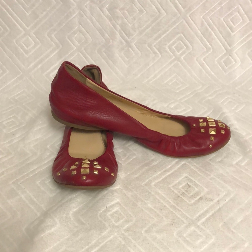 J.Crew made in Italy red leather ballet flats with gold embellishments on toe